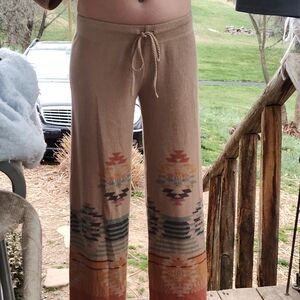Bohemian Knit Wide Leg Cream Pants With Patterned Details